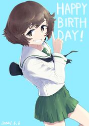  absurdres akiyama_yukari birthday black_neckerchief blouse blue_background brown_eyes brown_hair commentary cowboy_shot dated english_text female girls_und_panzer green_skirt grin happy_birthday highres index_finger_raised long_sleeves looking_at_viewer messy_hair miniskirt neckerchief ooarai_school_uniform oritako pleated_skirt sailor_collar school_uniform serafuku shirt short_hair simple_background skirt smile solo standing text_background white_sailor_collar white_shirt wind 