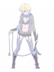  blonde_hair boots bra brown_footwear choker closed_mouth commentary_request contrapposto cross-laced_footwear enkyo_yuuichirou eyes_visible_through_hair female full_body garter_straps grey_thighhighs hair_over_one_eye highres hisho_collection holding holding_weapon hood hood_down hooded_jacket jacket legs_apart looking_to_the_side navel one_eye_covered open_clothes open_jacket original panties purple_choker purple_panties simple_background smile solo standing thighhighs underwear weapon white_background yellow_eyes 