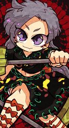  black_background black_shirt black_skirt bow centipede_print chibi feet_out_of_frame female grey_hair harunori_(hrnrx) highres himemushi_momoyo holding holding_shovel long_hair looking_at_viewer midriff orange_bow patterned_background pickaxe purple_eyes shirt short_sleeves shovel skirt solo touhou 