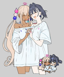  2girls alternate_costume blonde_hair blue_hair blue_nails blush bow bow_earrings breasts chibi chibi_inset closed_eyes commentary_request dark-skinned_female dark_skin earrings hair_intakes hair_ornament highres hololive hololive_english jewelry large_breasts limiter_(tsukumo_sana) long_hair multiple_girls oerba_yun_fang open_mouth ouro_kronii pink_nails planet planet_hair_ornament ribbon_earrings shared_clothes shared_shirt shirt short_hair skin_fang smile tsukumo_sana twintails usaslug_(tsukumo_sana) very_long_hair virtual_youtuber wada_arco yuri 