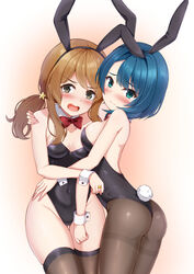  2girls aizawa_kazuha animal_ears arched_back arm_around_shoulder ass assault_lily bare_shoulders black_hairband black_leotard blue_eyes blue_hair blush bow bowtie breasts brown_hair brown_legwear closed_mouth collarbone commentary_request covered_navel cowboy_shot detached_collar embarrassed fake_animal_ears fake_tail fingernails gradient_background grey_eyes groin gungun_(hakutou7887) hair_ornament hairband hand_on_another&#039;s_hip hand_on_another&#039;s_shoulder highleg highleg_leotard highres iijima_renka jewelry leotard long_hair looking_at_viewer looking_to_the_side low_ponytail medium_breasts multiple_girls open_mouth orange_background pantyhose playboy_bunny rabbit_ears rabbit_tail red_bow red_bowtie ring short_hair side_ponytail sidelocks standing star_(symbol) star_hair_ornament strapless strapless_leotard tail tearing_up thighband_pantyhose thighhighs thighs v-shaped_eyebrows white_background wrist_cuffs 