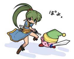  blue_dress blue_eyes boots copy_ability dress female fire_emblem fire_emblem:_the_blazing_blade green_eyes green_hair green_headwear kara_age katana kirby kirby_(series) looking_at_viewer lowres lyn_(fire_emblem) oomoto_makiko ponytail pose rope_belt sword sword_kirby voice_actor_connection weapon 