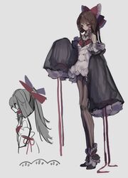  adapted_costume bad_id bad_twitter_id boots bow brown_hair brown_legwear detached_sleeves female frilled_boots frills full_body grey_background hair_tubes hairbow hakurei_reimu highres long_hair multiple_views pantyhose pinstripe_legwear pinstripe_pattern red_bow red_eyes red_shirt riyuu_(ryu328szhk) shirt simple_background skirt sleeves_past_fingers sleeves_past_wrists striped_clothes striped_pantyhose touhou vertical-striped_clothes vertical-striped_pantyhose white_footwear white_skirt wide_sleeves 