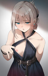  alternate_costume an-94_(girls&#039;_frontline) an-94_(silent_rouge)_(girls&#039;_frontline) areolae arm_behind_back bad_id bad_pixiv_id blonde_hair blue_eyes blush breasts cowboy_shot dress earrings evening_gown female folded_ponytail girls&#039;_frontline grey_background hair_between_eyes highres jewelry nipples official_alternate_costume parted_lips sakaki_rin self_exposure shaded_face small_breasts solo 