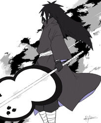  1boy black_hair black_robe gunbai holding holding_weapon long_hair male_focus naruto_(series) robe solo tomoe_(symbol) uchiha_madara war_fan weapon xx_ryuu 