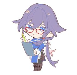  blue_eyes blue_hair boots brown_footwear chibi chinese_clothes clipboard closed_mouth female fu_hua fu_hua_(valkyrie_accipiter) full_body glasses grey_hair hair_between_eyes holding holding_pen honkai_(series) honkai_impact_3rd juliet_sleeves light_smile long_hair long_sleeves looking_at_viewer low-tied_long_hair low_ponytail mogomaco pen ponytail puffy_sleeves simple_background smile solo white_background 