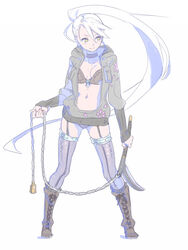  boots bra brown_footwear choker closed_mouth commentary_request contrapposto cross-laced_footwear enkyo_yuuichirou female full_body garter_straps grey_thighhighs highres hisho_collection holding holding_weapon hood hood_down hooded_jacket jacket legs_apart long_hair looking_to_the_side navel open_clothes open_jacket panties ponytail purple_choker purple_panties simple_background smile solo standing thighhighs underwear very_long_hair weapon white_background white_hair yellow_eyes 