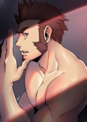  1boy bara blue_eyes brown_hair crack_of_light facial_hair fate/grand_order fate_(series) from_side goatee hand_up highres kashi_kosugi large_pectorals light long_sideburns male_focus muscular muscular_male napoleon_bonaparte_(fate) pectorals short_hair sideburns solo spiked_hair topless_male whispering 