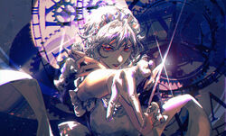  apron bangs canothy clock eyelashes female foreshortening frills gears glint gloves hair_between_eyes highres holding holding_knife izayoi_sakuya knife light maid_headdress parted_lips puffy_short_sleeves puffy_sleeves reaching_out red_eyes red_lips serious short_hair short_sleeves silver_hair solo teeth throwing_knife touhou upper_body weapon white_apron white_gloves 