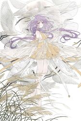  adapted_costume animal bare_legs barefoot bird bity3155660241 blush breasts chinese_commentary commentary_request crane_(animal) dress english_commentary female floating_hair flower full_body hair_flower hair_ornament highres long_hair medium_breasts mixed-language_commentary purple_eyes purple_hair ribbon see-through see-through_dress sidelocks sleeveless sleeveless_dress solo touhou tsukumo_benben white_background white_flower white_ribbon yellow_dress 