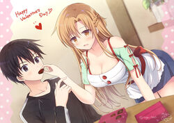  1boy apron asuna_(sao) black_hair black_sweater blue_skirt blush braid breasts brown_eyes brown_hair chocolate commentary_request female happy_valentine heart kirito long_hair looking_at_viewer open_mouth photoshop_(medium) red_ribbon ribbon short_hair skirt smile sweater sword_art_online tougo valentine white_apron 