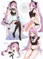  ass black_bow black_footwear black_legwear black_panties bonnet bow breasts butt_crack cleavage commentary crop_top fate/hollow_ataraxia fate_(series) female floating_hair hair_down hair_tubes hairbow high-waist_skirt high_heels layered_skirt leaning_forward long_hair looking_at_viewer miniskirt multiple_hair_bows multiple_views navel panties parted_bangs parted_lips pink_hair pleated_skirt pumps purple_eyes rero_(bigdoorbig2) sample_watermark simple_background skirt slit_pupils small_breasts stheno_(fate) thighhighs underwear very_long_hair watermark white_background white_skirt zettai_ryouiki 