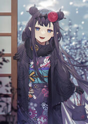  :d black_gloves black_hair black_scarf blue_eyes blunt_bangs blurry blurry_background braid braided_bun commentary double_bun female flower gloves hair_bun hair_flower hair_ornament haori highres holding hololive hololive_english japanese_clothes kimono kinchaku long_hair long_sleeves looking_at_viewer mole mole_under_eye ninomae_ina&#039;nis ninomae_ina&#039;nis_(new_year) obi official_alternate_costume official_alternate_hairstyle pointy_ears pouch print_kimono purple_hair sash scarf sidelocks sliding_doors smile solo standing takodachi_(ninomae_ina&#039;nis) very_long_hair virtual_youtuber wenz 