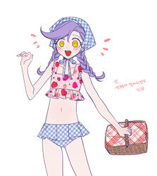  :d bad_id bad_pixiv_id bikini bikini_skirt blush braid female flat_chest food_print freckles frilled_bikini frills genderswap_(mtf) head_scarf jojo_no_kimyou_na_bouken picnic_basket plaid purple_hair rule_63 sempon_(doppio_note) smile solo strawberry_print swimsuit tenugui twin_braids vento_aureo vinegar_doppio yellow_eyes 