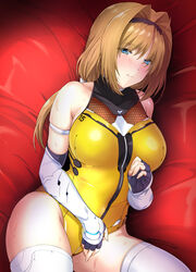  bed blue_eyes blush breasts brown_hair choukou_sennin_haruka elbow_gloves escalation_heroines female fingerless_gloves gloves hair_intakes hairband leotard light_smile lying medium_breasts official_art on_back onigirikun solo sweat takamori_haruka thighhighs yellow_leotard 