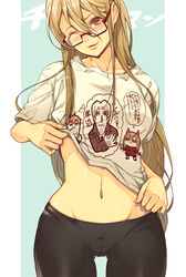  alternate_costume ass_visible_through_thighs bkub_(style) black-framed_eyewear black_pants blonde_hair blue_background blush breasts cameltoe chainsaw_man clothes_lift commentary copyright_name cowboy_shot cross-shaped_pupils denji_(chainsaw_man) eyelashes female glasses groin hair_between_eyes highres kishibe_(chainsaw_man) lifting_own_clothes lips long_hair looking_at_viewer medium_breasts navel nukisabi one_eye_closed pants parted_lips poptepipic power_(chainsaw_man) print_shirt raised_eyebrow red_eyes semi-rimless_eyewear shirt shirt_lift short_sleeves simple_background smile solo stomach symbol-shaped_pupils t-shirt tight_clothes tight_pants translated white_shirt 