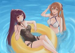  2girls afloat artist_name bikini blue_ribbon blush breasts brown_hair cleavage_cutout clothing_cutout commentary_request food girls&#039;_frontline green_eyes hand_in_own_hair innertube large_breasts long_hair looking_at_viewer medium_breasts multiple_girls official_alternate_costume one-piece_swimsuit ponytail popsicle purple_hair red_eyes ribbon springfield_(girls&#039;_frontline) springfield_(stirring_mermaid)_(girls&#039;_frontline) srm463 swim_ring swimsuit wa2000_(girls&#039;_frontline) wa2000_(op._manta_ray)_(girls&#039;_frontline) wading water white_bikini 