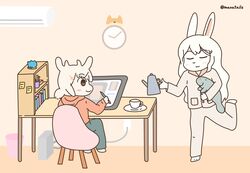  air_conditioner anthro bovid caprine clock clothing drawing_tablet duo female furniture goat hi_res lagomorph leporid mammal manatails manatee manateebun_(manatails) marine pajamas rabbit sirenian table teapot 