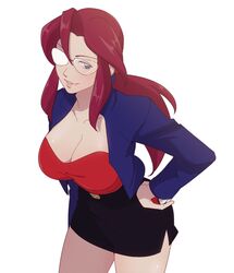  black_skirt blue_jacket breasts cleavage commentary cowboy_shot female glasses grey_eyes hanpetos holding holding_poke_ball jacket large_breasts lorelei_(pokemon) miniskirt opaque_glasses parted_lips partially_opaque_glasses poke_ball poke_ball_(basic) pokemon pokemon_(anime) pokemon_(classic_anime) ponytail red_hair red_tube_top side_slit sidelocks skirt smile solo strapless symbol-only_commentary tube_top 