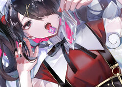  absurdres ame-chan_(needy_girl_overdose) angel_wings bag belt black_eyes black_hair blunt_bangs bow collared_shirt commentary_request drugs female gold_belt hair_ornament hair_over_one_eye heart heart-shaped_pupils highres holding holding_bag long_hair looking_at_viewer lsd lying nail nail_polish needy_girl_overdose open_mouth postage_stamp red_shirt shirt short_sleeves simple_background skirt sleepless_(wrysmile) solo suspender_skirt suspenders symbol-shaped_pupils tongue tongue_out twintails wings x_hair_ornament ziploc_bag 