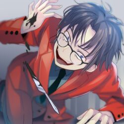  1boy :d bakushou_(song) black_blood black_necktie bleeding blood blue_eyes brown_hair formal glasses hair_intakes indoors kitahushi leaning_forward long_sleeves looking_at_viewer male_focus necktie on_floor open_mouth red_suit scalpel short_hair smile solo suit tearing_up teeth tuxedo 