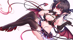  :d absurdly_long_hair absurdres akasaai ass asymmetrical_gloves bare_shoulders black_gloves black_hair breasts breasts_apart brooch brown_eyes brown_thighhighs commentary_request crop_top demon_girl demon_tail demon_wings elbow_gloves female gloves hair_ornament hands_up high_heels highres jewelry layered_skirt long_hair looking_at_viewer lovelia medium_breasts midriff miniskirt multicolored_hair navel oerba_yun_fang official_art open_mouth plantar_flexion pleated_skirt pointy_ears red_footwear revealing_clothes simple_background skirt sleeveless smile solo stomach streaked_hair tail thighhighs thighs troubledays uneven_gloves very_long_hair white_background wings 