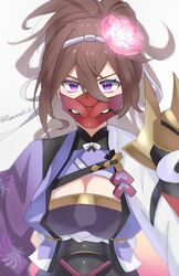  armor breasts brown_hair dragalia_lost female flower hair_flower hair_ornament hairband highres japanese_armor japanese_clothes kote large_breasts long_hair looking_at_viewer mask menpoo purple_eyes ramunegi6s yachiyo_(dragalia_lost) 