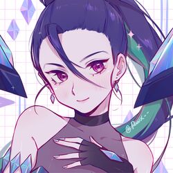  absurdres bare_shoulders black_gloves black_hair blush covered_collarbone crystal earrings female fingerless_gloves gloves green_hair hair_between_eyes hand_up highres jewelry k/da_all_out_kai&#039;sa kai&#039;sa league_of_legends long_hair multicolored_hair ponytail portrait ruan_chen_yue signature smile solo two-tone_hair white_background 