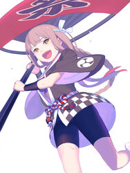  :d bike_shorts bra braid breasts commentary_request dutch_angle enkyo_yuuichirou feet_out_of_frame female flag haori headband highres hisho_collection holding holding_flag japanese_clothes long_hair looking_at_viewer medium_breasts open_mouth pink_hair sash short_sleeves simple_background smile socks solo standing tassel underwear white_background white_socks wide_sleeves wristband yellow_eyes 