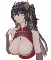  azur_lane black_hair breasts bridal_gauntlets china_dress chinese_clothes cleavage cleavage_cutout clothing_cutout dress female hair_ornament huge_breasts long_hair looking_at_viewer low_neckline moppo official_alternate_costume red_dress red_eyes standing taihou_(azur_lane) taihou_(phoenix&#039;s_spring_song)_(azur_lane) upper_body white_background 