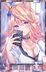  alternate_costume animal_ears bad_id bad_pixiv_id blonde_hair blue_eyes blue_nails bow breasts cellphone choker cleavage cosmetics female gold_city_(umamusume) highres hojiro_same horse_ears horse_girl jewelry long_hair makeup mirror necktie phone ring school_uniform selfie smartphone umamusume 