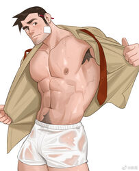  1boy abs armpit_hair armpits bandaid bandaid_on_cheek bandaid_on_face bara bare_pectorals beard blush boxers brown_shirt bulge dick_gumshoe facial_hair flaccid frde gyakuten_saiban highres large_pectorals long_sideburns male_focus male_underwear mature_male muscular muscular_male navel navel_hair necktie nipples no_pants object_behind_ear open_clothes open_shirt opened_by_self pectorals pencil salaryman see-through shirt short_hair sideburns solo stomach stubble thick_thighs thighs underwear undone_necktie undressing unworn_necktie wet wet_clothes wet_male_underwear white_male_underwear 