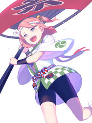  :d bell bike_shorts blue_eyes bra breasts commentary_request dutch_angle enkyo_yuuichirou feet_out_of_frame female flag hair_between_eyes haori headband highres hisho_collection holding holding_flag japanese_clothes jingle_bell looking_at_viewer medium_breasts one_side_up open_mouth pink_hair sash short_sleeves simple_background smile socks solo standing tassel underwear white_background white_socks wide_sleeves wristband 