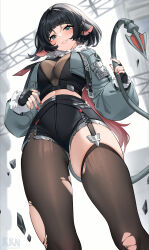  absurdres animal_ears arched_bangs black_hair black_pantyhose black_shorts black_thighhighs blue_eyes blush breasts cleavage commentary_request cropped_jacket ear_piercing female fingernails from_below garter_straps gloves grey_jacket highres holding_own_tail jacket jane_doe_(zenless_zone_zero) lalazyt looking_at_viewer medium_breasts midriff_peek nail_polish open_clothes open_jacket pantyhose parted_lips partial_commentary partially_fingerless_gloves piercing red_nails shorts single_garter_strap single_leg_pantyhose single_thighhigh smile solo tail teeth thighhighs thighs torn_clothes torn_pantyhose torn_thighhighs zenless_zone_zero 