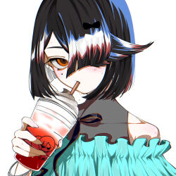  aqua_bikini bare_shoulders bikini black_hair blush breasts brown_eyes cup drinking drinking_straw fate/grand_order fate_(series) female hair_over_one_eye highres looking_at_viewer mole mole_under_eye omochi_(pixiv_73433243) short_hair small_breasts solo swimsuit xu_fu_(fate) xu_fu_(swimsuit_avenger)_(fate) xu_fu_(swimsuit_avenger)_(second_ascension)_(fate) 