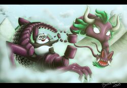  anthro bear bonaxor cloud dragon dragon_(skunk_fu) eastern_dragon giant_panda male mammal mountain mythological_creature mythological_scalie mythology panda_(skunk_fu) purple_body purple_scales scales scalie size_difference skunk_fu solo standing_on_back 