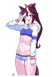  abs alternate_costume animal_ears blue_eyes blush bow brown_hair commentary_request cropped_hoodie ear_ornament female hair_between_eyes hairbow highres hood hood_down hoodie horse_ears horse_girl horse_tail long_hair looking_at_viewer multicolored_hair navel open_mouth pink_bow ponytail salute short_shorts shorts simple_background smile solo stomach streaked_hair tail teeth thighs tokai_teio_(umamusume) two-finger_salute umamusume upper_teeth_only white_background white_hair white_hoodie white_shorts yaki_apple 