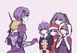  5girls ahoge bernadetta_von_varley bernadetta_von_varley_(sheltered_loner) bernadetta_von_varley_(spring) bernadetta_von_varley_(summer) bernadetta_von_varley_(winter) black_jacket covered_navel dress embyarts english_commentary fire_emblem fire_emblem:_three_houses fire_emblem_heroes garreg_mach_monastery_uniform gloves grey_background grey_eyes hat highres hood jacket looking_at_another multiple_girls multiple_persona official_alternate_costume parted_lips purple_dress purple_gloves purple_hair red_hat santa_hat short_hair simple_background upper_body 