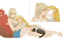  2girls absurdres bare_arms barefoot blonde_hair blue_shorts ciiiiiiiiien closed_eyes closed_mouth commentary_request cuddling dungeon_meshi elf falin_touden falin_touden_(tallman) feline grey_hair grey_tank_top hand_on_another&#039;s_head highres imminent_kiss long_hair lying_on_person marcille_donato medium_hair multiple_girls open_mouth parted_lips pointy_ears shirt short_sleeves shorts simple_background sitting smile tank_top toes white_background white_shirt yuri 