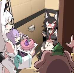  4girls absurdres ahoge animal_ears birthday_cake black_hair blush breasts brown_hair cake cat_ears cellphone clothes_pull cocomayo29_(tomato) covering_crotch covering_privates detached_sleeves dog_ears food fox_ears highres holding holding_phone hololive hololive_gamers inugami_korone inugami_korone_(1st_costume) large_breasts long_hair multiple_girls nekomata_okayu nekomata_okayu_(1st_costume) oerba_yun_fang on_toilet ookami_mio ookami_mio_(1st_costume) phone purple_hair shirakami_fubuki shirakami_fubuki_(1st_costume) skirt skirt_pull smartphone taking_picture toilet_paper toilet_stall virtual_youtuber white_hair wolf_ears 