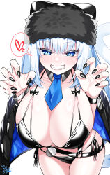  absurdres animal_ears bikini black_bikini black_hat black_jacket blue_eyes blush bracelet breasts cat_ears cat_girl cat_tail cleavage detached_collar dobrynya_nikitich_(fate) dobrynya_nikitich_(swimsuit_lancer)_(fate) fate/grand_order fate_(series) female fur-trimmed_headwear fur_trim grin hat highres jacket jacket_on_shoulders jewelry large_breasts long_hair looking_at_viewer necktie smile solo swimsuit tail thighs watosu white_hair 