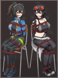  2girls absurdres bondage breasts cleavage collarbone commentary_request full_body grace_howard hair_between_eyes highres large_breasts midriff milliani multiple_girls navel red_rope restrained rope sidelocks single_bare_shoulder sitting sweat zenless_zone_zero zhu_yuan 