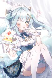  apron aqua_hair aqua_skirt cake closed_mouth faruzan_(cafe)_(genshin_impact) faruzan_(genshin_impact) female finger_to_tongue food genshin_impact green_eyes hair_ornament happy_birthday highres holding holding_plate kise_inaka legs_up long_hair looking_at_viewer maid maid_apron maid_headdress official_alternate_costume one_eye_closed plate shirt short_sleeves sitting skirt solo thighhighs tongue tongue_out twintails white_apron white_shirt white_thighhighs x_hair_ornament 