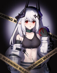  :o apple arknights bare_shoulders black_gloves black_horns black_sports_bra breasts caution_tape cleavage cowboy_shot crop_top ear_piercing female food fruit gloves hand_up highres holding holding_food holding_fruit horns infection_monitor_(arknights) jacket light_blush long_hair long_sleeves looking_at_viewer material_growth midriff mudrock_(arknights) mudrock_(elite_ii)_(arknights) navel off_shoulder oripathy_lesion_(arknights) parted_lips piercing pointy_ears puffy_long_sleeves puffy_sleeves red_apple red_eyes sanshiro_(sanbai626) shadow sidelocks sleeves_past_wrists solo sports_bra standing white_hair white_jacket 