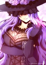  akane_kazami alternate_costume arm_under_breasts black_hat breasts bug butterfly camilla_(fire_emblem) cleavage closed_mouth commentary_request commission cosplay dress eiyuu_densetsu elbow_gloves female fire_emblem fire_emblem_fates frilled_dress frilled_hat frills gloves hair_over_one_eye hand_up hat highres kuro_no_kiseki_(series) large_breasts long_hair looking_at_viewer lucrezia_isselee lucrezia_isselee_(cosplay) pink_background pink_butterfly purple_dress purple_eyes purple_gloves purple_hair skeb_commission smile solo twitter_username upper_body watermark 