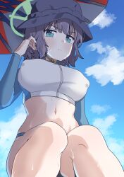  absurdres black_hair black_hat blue_archive blue_sky breasts bucket_hat closed_mouth cloud day female green_eyes green_halo halo hand_up hat highres large_breasts long_sleeves looking_at_viewer navel oinari_(koheihei1109) parasol rash_guard saki_(blue_archive) saki_(swimsuit)_(blue_archive) short_hair sky solo sweat umbrella 