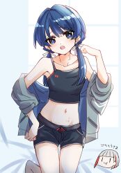  2girls :o :t absurdres barefoot black_camisole black_shorts blue_eyes blue_hair blue_ribbon blush bob_cut breasts camisole chibi chibi_inset closed_mouth collarbone colored_inner_hair commentary_request dark_blue_hair diagonal_bangs grey_hair hair_ribbon hand_up head_only highres inverted_bob kanduki_kamibukuro kneeling knees_out_of_frame link!_like!_love_live! long_hair looking_at_viewer love_live! low_twintails midriff mole mole_on_neck multicolored_hair multiple_girls murano_sayaka navel open_mouth red_hair ribbon short_hair short_shorts shorts small_breasts solo_focus split_mouth streaked_hair twintails virtual_youtuber yugiri_tsuzuri |_| 