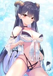  bare_shoulders bikini black_bikini black_choker black_hair black_nails blue_sky blush breasts choker closed_mouth cloud cloudy_sky collarbone commentary_request day demon_girl demon_horns demon_tail fuuna groin hair_between_eyes highleg highleg_bikini highres horns long_hair looking_at_viewer medium_breasts nail_polish navel original outdoors pointy_ears red_eyes see-through sky smile solo swimsuit tail very_long_hair 