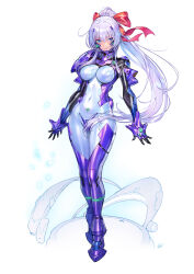  absurdres armored_bodysuit arms_at_sides black_bodysuit blue_bodysuit blue_eyes bodysuit breasts commission covered_navel female fortified_suit full_body hair_ribbon headgear highres impossible_bodysuit impossible_clothes large_breasts long_hair looking_at_viewer matsuda_(matsukichi) multicolored_bodysuit multicolored_clothes muv-luv muv-luv_alternative muv-luv_total_eclipse original ponytail purple_bodysuit purple_hair ribbon shiny_clothes skeb_commission smile solo standing very_long_hair 