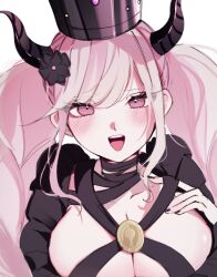  :d black_crown black_flower black_horns black_nails blonde_hair blush breasts cleavage collarbone crown female flower hair_flower hair_ornament highres horns large_breasts long_hair master_detective_archives:_rain_code nail_polish pink_eyes rize_(rize0420) shinigami_(rain_code) smile solo teeth upper_body upper_teeth_only 